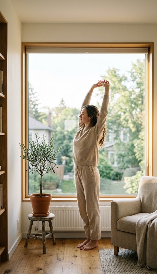 Persona che si allunga con leggerezza accanto a una finestra al mattino